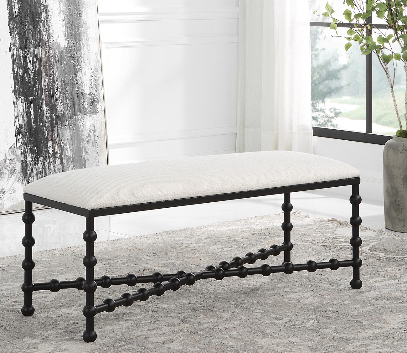 Iron Drops White Cushioned Bench